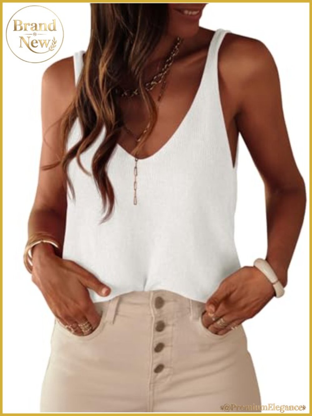 Women's Sleeveless V-Neck Tank Top, Ribbed Knit Loose Fit Summer Cami